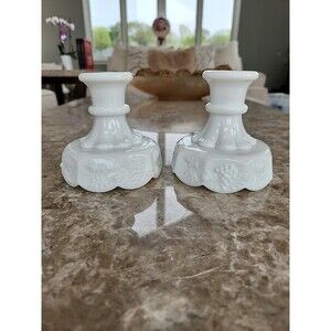 Pair of Vintage Westmoreland Milk Glass Paneled Grape 4" Candle Holders